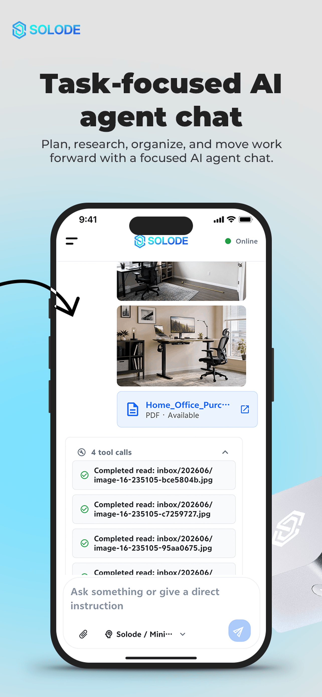 Solode app task-focused AI agent chat screen